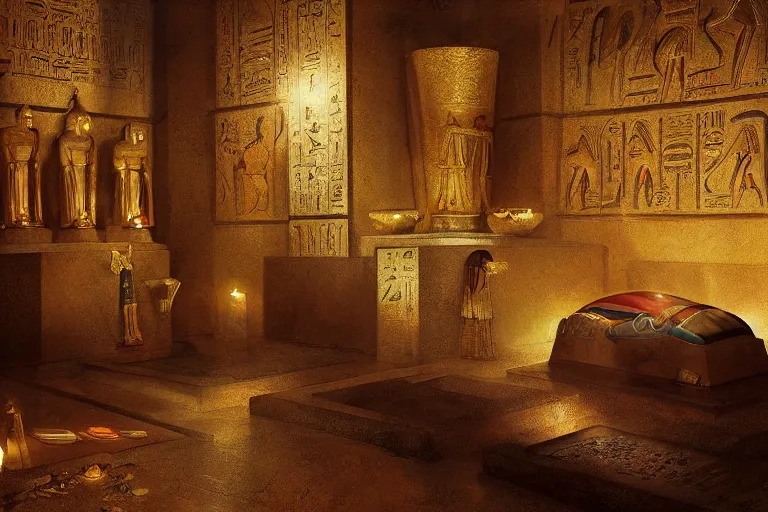 Image similar to egyptian tomb interior shiney gold and obsidian, beautiful painting, david roberts, greg rutkowski, james gurney, artstation.