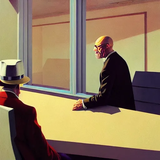 Prompt: Portrait of a Walter white wearing a business, very coherent, painted by Edward Hopper, Wayne Barlowe, painted by James Gilleard, airbrush, art by JamesJean