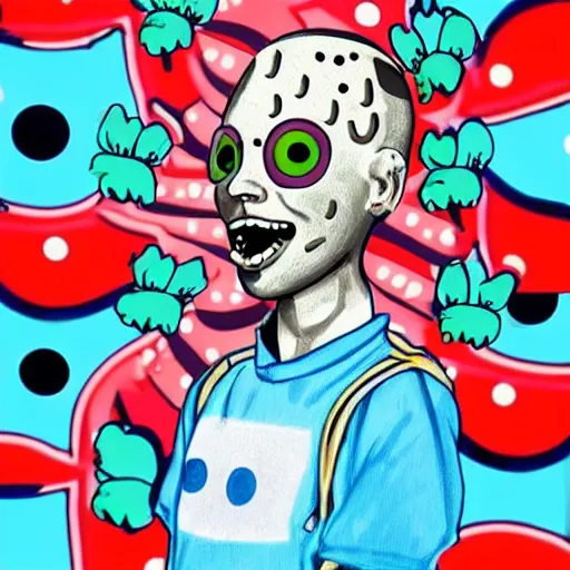 Image similar to close up of skinhead with 3 eyes and nice smile, eating ice cream clear blue sky vintage style,cyberpunk helmet with flowers, in the style of Yayoi Kusama