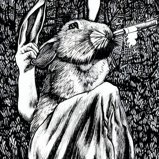 Prompt: an epic profile of a rabbit smoking a cigarette deep in the forest, striking pose, black and white illustration, creative design by junji ito