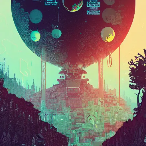 Image similar to Stunningly intricate illustration of single cyberpunk explorer overlooking lush forest, highly detailed, midnight, small glowing orbs by Victo Ngai and James Gilleard , Moebius, Laurie Greasley