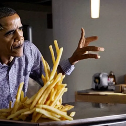 Prompt: photo of obama as Gustavo fring making french fries