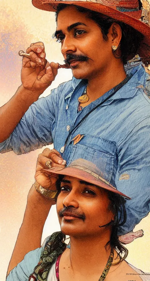 Image similar to close up a beautiful Indian doctor wearing jeans and a shirt in Texas in 2022, sun shining, photo realistic illustration by greg rutkowski, thomas kindkade, alphonse mucha, loish, norman rockwell.