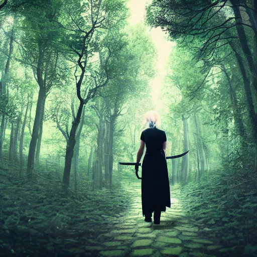 Prompt: Woman cuts timeline with sword in foreground, cinematic shot from back view, camera following a woman on a path through a forest, blackhole, 4K