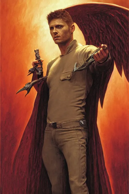 Image similar to a detailed matte portrait of an jensen ackles dressed as the vampire angel from buffy the vampire slayer, masterpiece, 8 k, art by donato giancola and greg rutkowski and wayne barlow and zdzisław beksinski