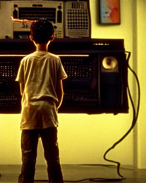 Image similar to 8k professional photo of an 8 years old enlightened and scared boy standing in front of an old computer from 90s with a game doom2 at the monitor screen, still from a movie by Gaspar Noe and James Cameron