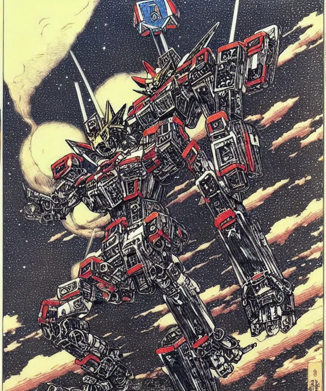 Prompt: funny image of a kitten gundam mecha robot, high details, masterpiece engraving by takato yamamoto, gustave dore, jean giraud