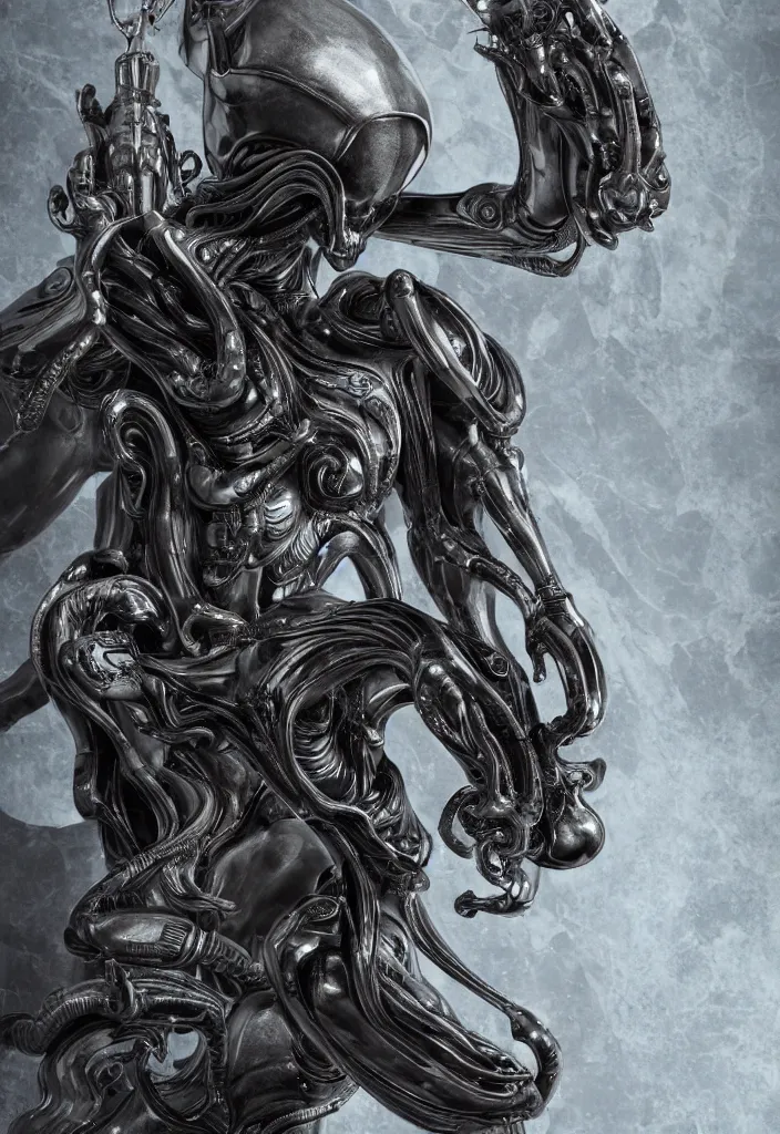 Image similar to engineer prometheus, xenomorph alien, highly detailed, symmetrical long head, smooth marble surfaces, detailed ink illustration, raiden metal gear, cinematic smooth stone, deep aesthetic, concept art, post process, 4k, carved marble texture and silk cloth, latex skin, highly ornate intricate details, prometheus, evil, moody lighting, hr geiger, hayao miyazaki, indsutrial Steampunk