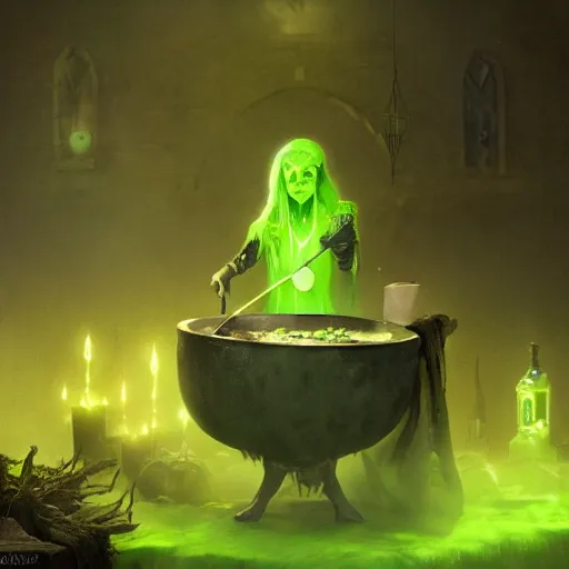 Prompt: a scary witch making green glowing soup from a cauldron, Matte painting , detailed painting, made by Greg Rutkowski, 4k, atmospheric