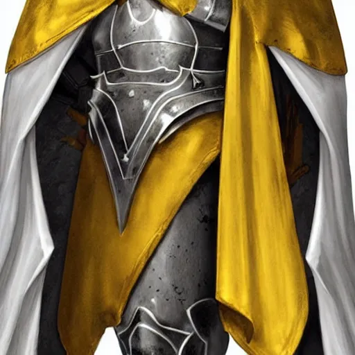 Prompt: man in crusader armor and white cape with yellow kingdom of jerusalem emblem on it drawn by greg rutkowski realistic high detail