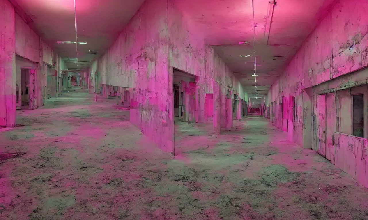 Image similar to backrooms abandoned mall, ominous neon pink lighting, moldy walls and shallow water, shadowy tall figures in the distance