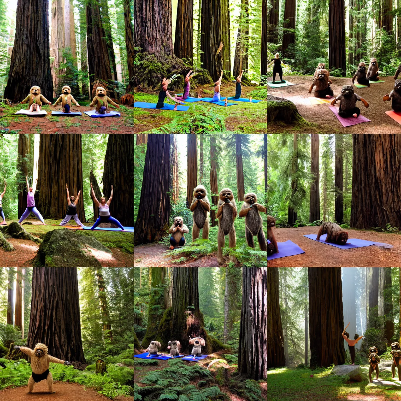 Prompt: ewoks doing yoga in the redwoods, near the beach, photo