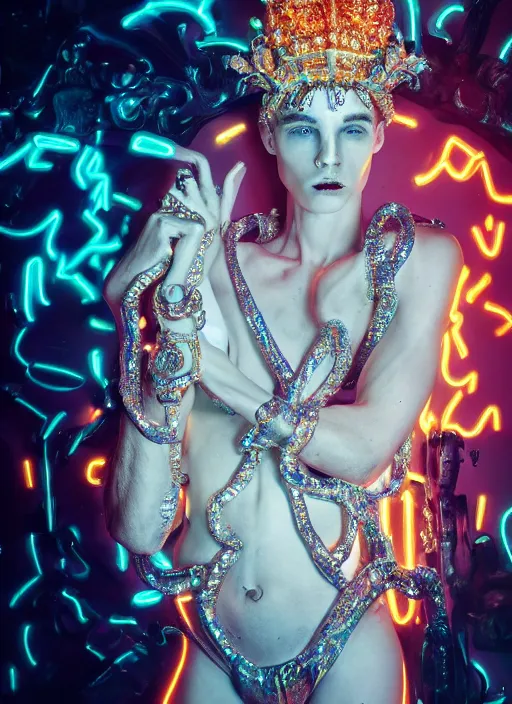 Image similar to photo of baroque and bladerunner delicate neon diamond sculpture of ceramic albino king adrien sahores seductive delicious tongue out, creamy orange iridescent humanoid deity wearing white fluffy hoody holding diamond skull in a black metallic dungeon, reclining, glowing rainbow face, crown of white diamonds, cinematic lighting, photorealistic, octane render 8 k depth of field 3 d