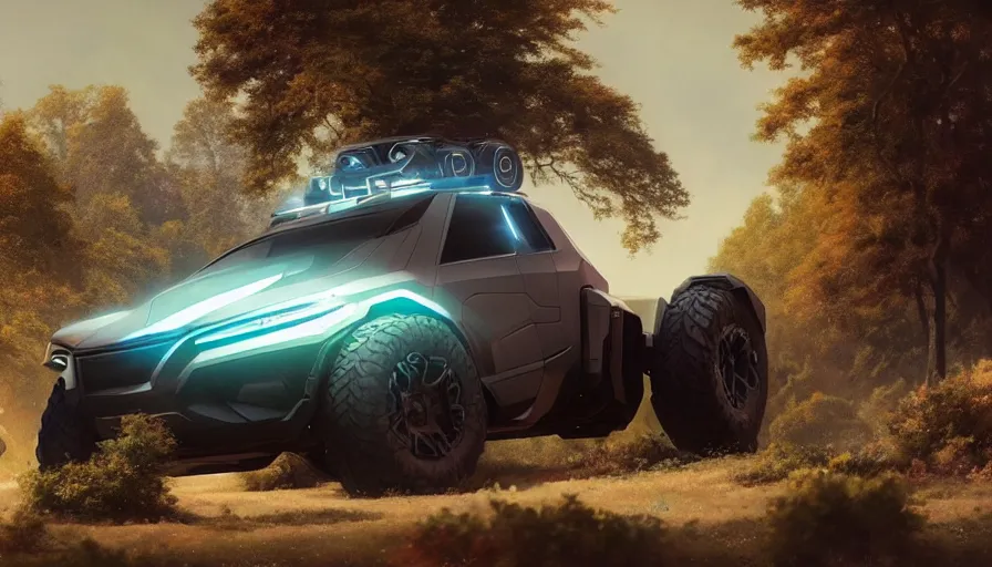 Image similar to a futuristic offroad suv designed by apple, artgerm and greg rutkowski and alphonse mucha, an epic fantasy, volumetric light, detailed, trending on art station, octane render, midsommar