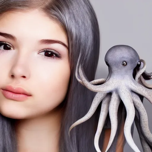 Image similar to A girl with a gray octopus for hair, very young and beautiful face, silver eyes, HD, hyper realistic