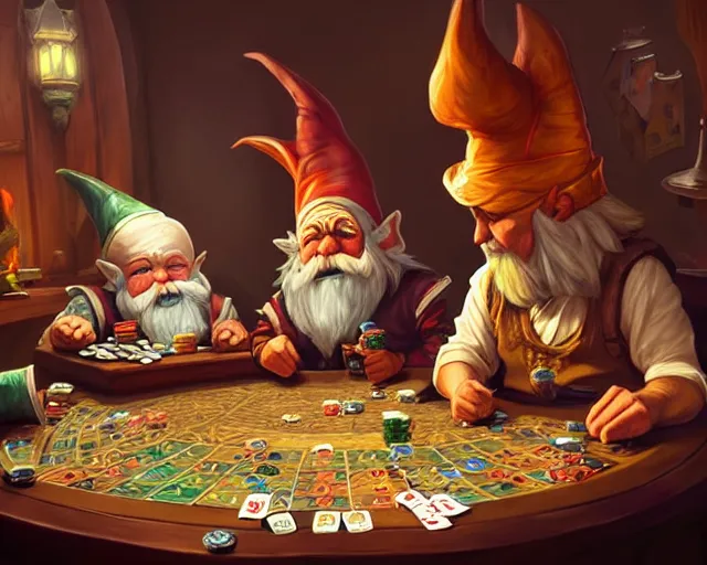 Image similar to gnomes playing poker, deep focus, d & d, fantasy, intricate, elegant, highly detailed, digital painting, artstation, concept art, matte, sharp focus, illustration, hearthstone, art by artgerm and greg rutkowski and alphonse mucha