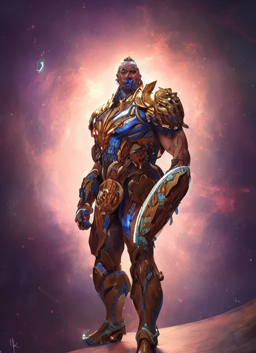 Image similar to a muscular warrior wearing cosmic armor on space, au naturel, hyper detailed, digital art, trending in artstation, cinematic lighting, studio quality, smooth render, unreal engine 5 rendered, octane rendered, art style by klimt and nixeu and ian sprigger and wlop and krenz cushart and riot and overwatch