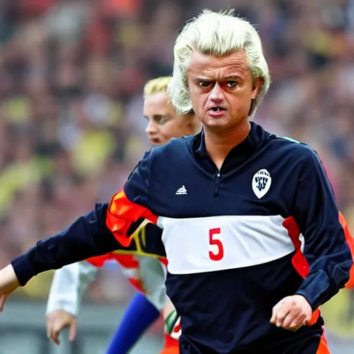 Image similar to geert wilders as soccer player in action, scoring goal