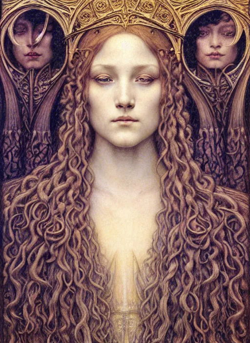 Image similar to detailed realistic beautiful young medieval queen face portrait by jean delville, gustave dore and marco mazzoni, art nouveau, symbolist, visionary, gothic, pre - raphaelite. horizontal symmetry