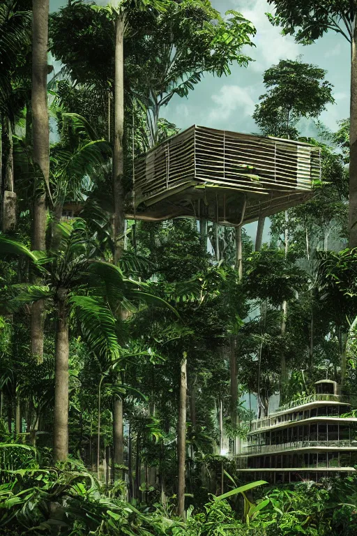 Prompt: architecture inspired by renzo piano deep in the rainforest. nature is taking over. matte painting. octane render. hdr. volumetric lighting. global illumination. atmospheric.