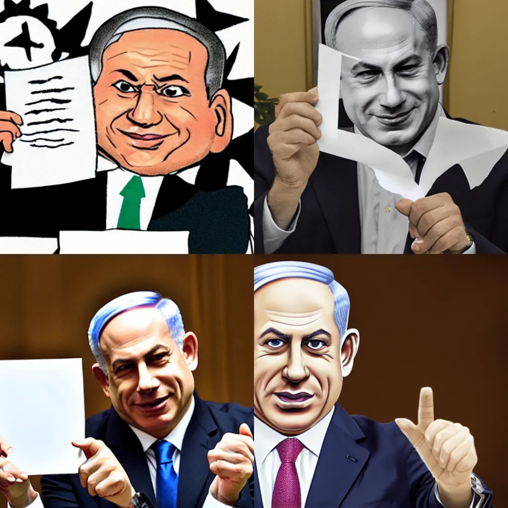 Prompt: a cartoon of Benjamin Netanyahu holding a piece of paper, smiling