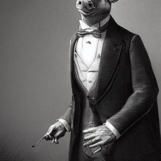 Image similar to a pig in a tuxedo, creepy atmosphere, dark, portrait, realistic portrait, beautiful, close up, very realistic, illustration by Gustave Doré