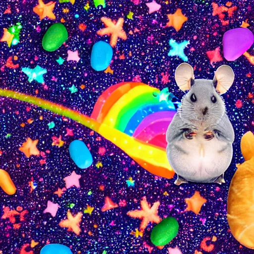 Image similar to cosmic chinchilla pooping rainbow jellybeans, in space, jellybeans behind chinchilla