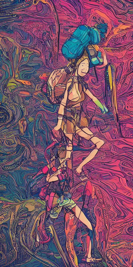 Image similar to Female backpacker exploring an exotic alien landscape, bold unique colours, heavy lines, detailed, intricate, manga,