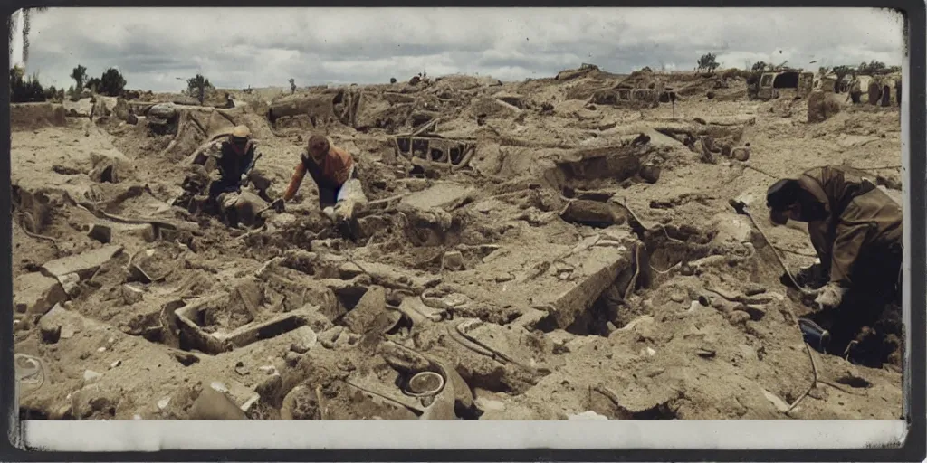 Prompt: Archaeologists Finding a plane Buried in Ruins, polaroid photo, high quality, award winning