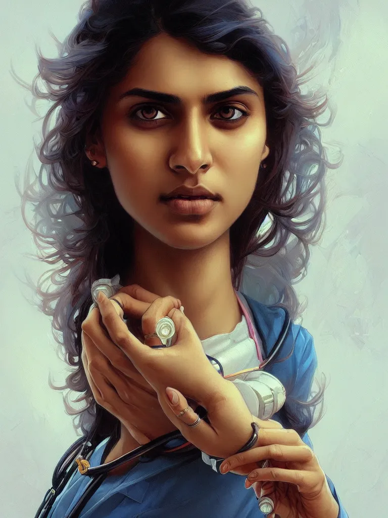 Image similar to Anxious pretty young Indian doctor wearing jeans leaving a plane, portrait, sci-fi face, elegant, highly detailed, digital painting, artstation, concept art, smooth, sharp focus, illustration, art by artgerm and greg rutkowski and alphonse mucha