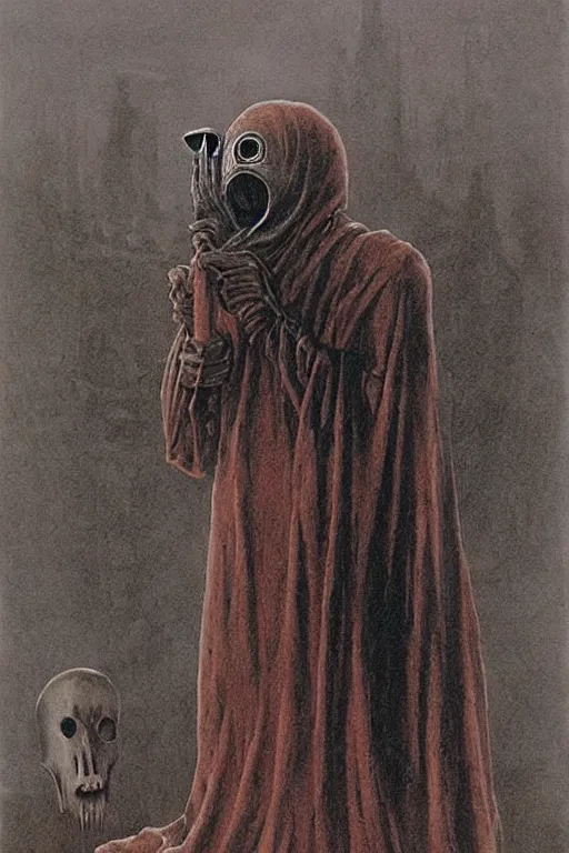 Prompt: plague doctor from iron gridle but human form, destroyed city and flames by zdzislaw beksinski, color