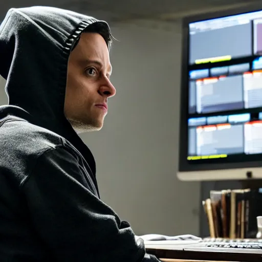 Image similar to dramatic still from Mr. Robot, A programmer expertly wrangling code late at night, intensely focused, coffee on his desk, highly detailed, sharp focus, cinematic lighting, hoodie