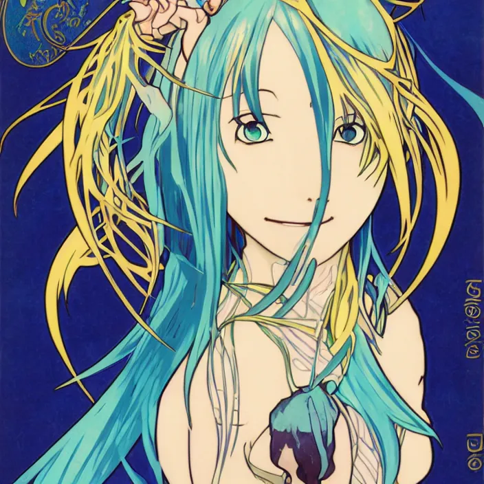 Image similar to portrait of rimuru tempest from that time i got reincarnated as a slime. art by alphonse mucha