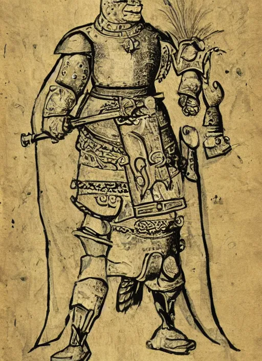 Image similar to medival scroll illustration of a Shrek in armour from Shrek the movie, fine detail, copperplate