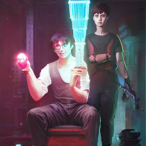 Prompt: portrait of Harry Potter with implants in cyberpunk, neon lighting, holding laser wand, digital art from artstation by Ruan Jia and Mandy Jurgens and Artgerm and william-adolphe bouguereau and Greg Rutkowski and Wayne Barlowe