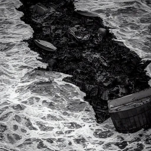 Image similar to airborne view, crashed cargo ship leaking mysterious black gooey liquid, mysterious black slime, black gooey liquid leaking out of crashed cargo ship, apocalyptic, ruined, container ship, crashed, 8 5 mm f / 1. 4