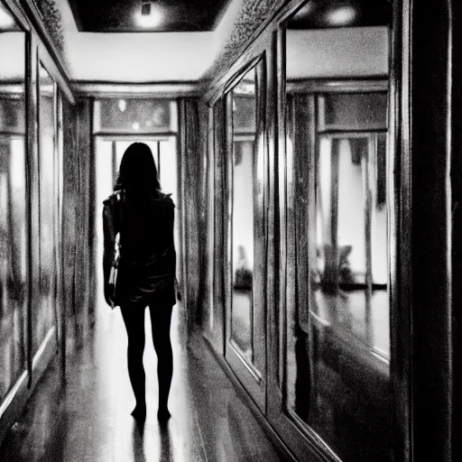 Image similar to a beautiful woman is frightened by her ugly doppleganger in a mirror. she is in a long hallway of mirrors. haunting atmosphere, dimly lit, dark, horror style, realistic, 3 5 mm lens, low angle, 3 / 4 view.