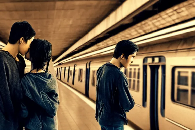 Image similar to vfx movie couple in a train station flat color profile low - key lighting award winning photography cinematography atmospheric cool color - grade