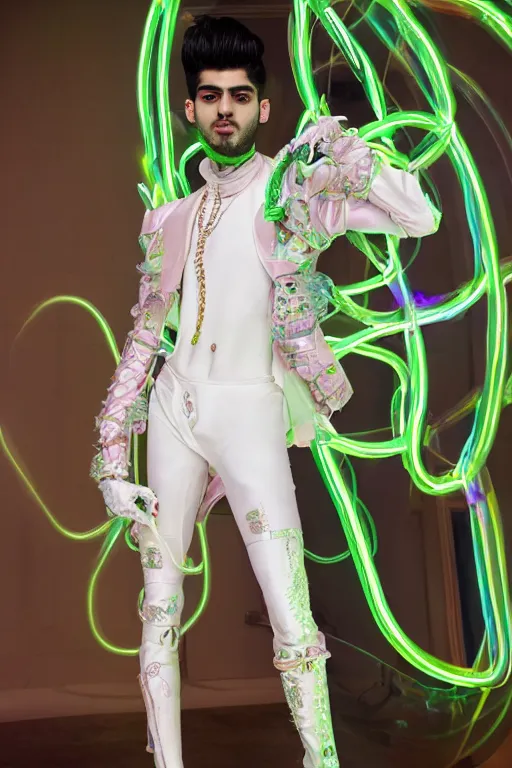 Prompt: full-body baroque and bladerunner style peach neon statue of a young attractive pale Zayn Malik male macho dotado android thrusting sim roupa con piroca dura, glowing white face, prince crown of green steampunk lasers, emeralds, swirling white silk fabric. futuristic elements. prismatic liquid rainbow light, full-length view. space robots. human skulls. throne made of bones, intricate artwork by caravaggio. Trending on artstation, octane render, cinematic lighting from the right, hyper realism, octane render, 8k, depth of field, 3D