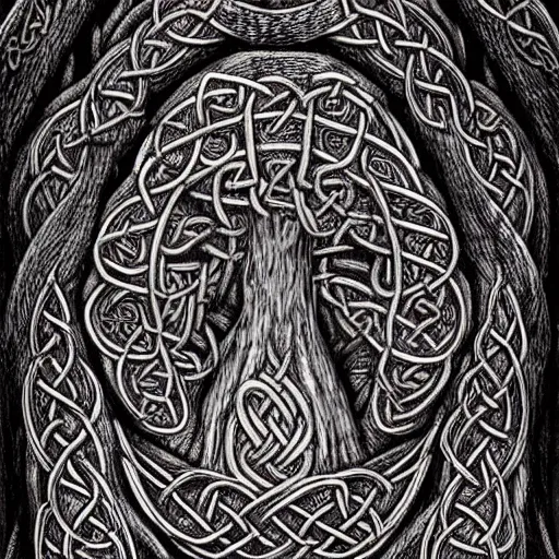 Image similar to Intricate and highly detailed Celtic Knotwork etched in an ancient tree, intricate, highly detailed, fullbody, artstation, dark fantasy, horror, Silent Hill game, concept art, smooth, sharp focus, illustration, art by greg rutkowski and orientalism and bouguereau and Zdzislaw Beksinski, good clear quality, lighting, biology, symmetrical artwork, perfect face, 135 mm, cinematic, hyper realism, high detail, octane render, 8k, chrome accents