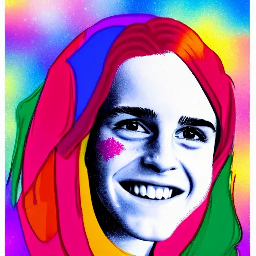 Image similar to rainbow smiling happy emma watson age 1 7 as hermione. pop art.