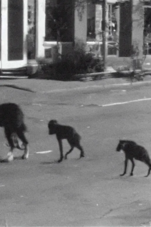 Image similar to still from vhs footage of cryptid walking down street