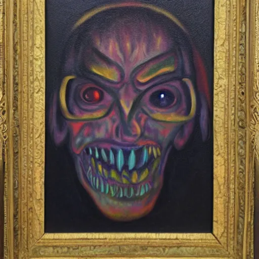 Image similar to portre of an autistic demon on acid, masonic and kabalistic symbols in background, oil painting