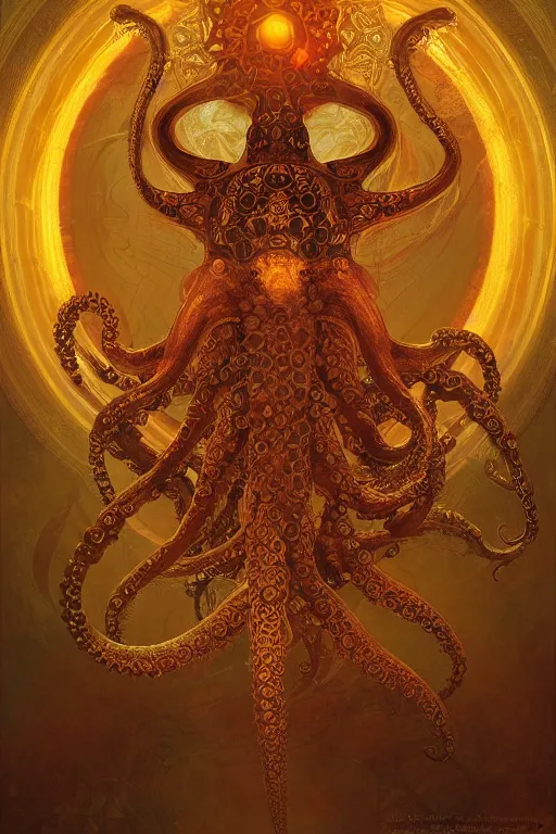 Prompt: tarot card artstation, portrait of an octopus, sunrise, baroque ornament and rococo ornament, ancient chinese ornate, hyperdetailed, beautiful lighting, craig mullins, mucha, klimt, yoshitaka amano, depth, red and gold and orange color palette