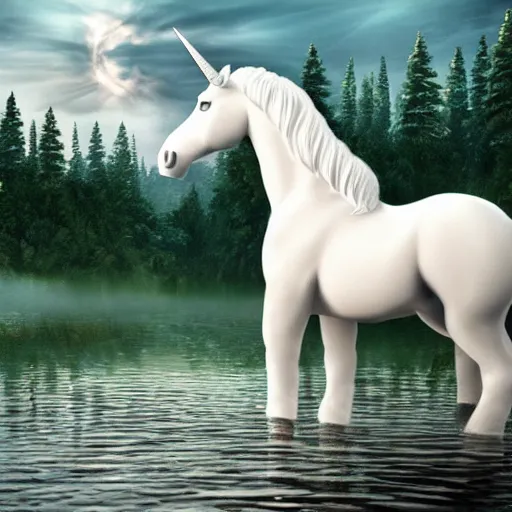 Prompt: a white unicorn drinking from a lake. the moon shines in the background forest on the unicorn. beautiful artstation, 4 k, hdr.