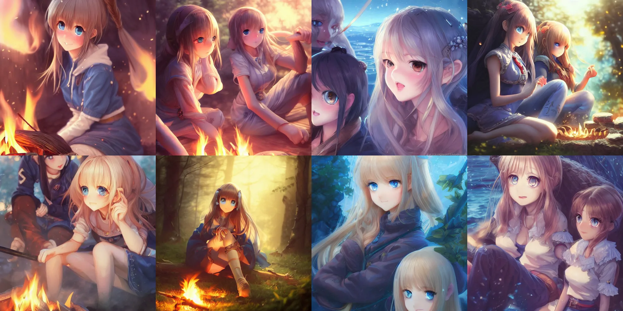 Prompt: extremely detailed blue eyes, full faces, anime, very beautiful cute girls sitting around campfire at night, fantastic details, trending on artstation, pixiv, hyperdetailed Unreal Engine 4k 8k ultra HD, Stanley Artgerm Lau, WLOP, Rossdraws, James Jean Marc Simonetti Ruan Jia and Mandy Jurgens and Artgerm and William-Adolphe Bouguerea Sakimichan, yuru camp, moe, illustration, digital art, concept art, manga cover