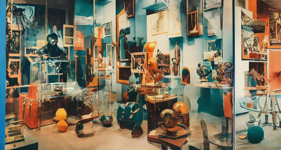 Image similar to A three color offset photography of objects on display, anthropology of wonder, exotic artifacts, bauhaus, colonial expedition, exhibition, 60s style