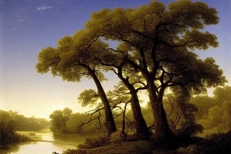 Image similar to painting of a old tree next to a meandering river by martin johnson heade