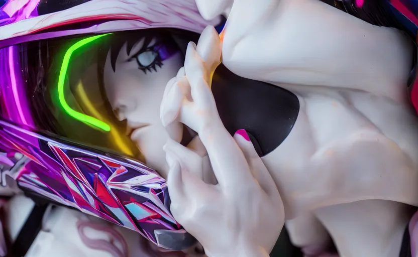 Image similar to beautifully lit medium close up photo of a white marble statue of an anime girl with colorful motocross logos and motorcycle helmet with closed visor, colorful smoke in the background, carved marble statue, fine art, neon genesis evangelion, virgil abloh, offwhite, denoise, highly detailed, 8 k, hyperreal