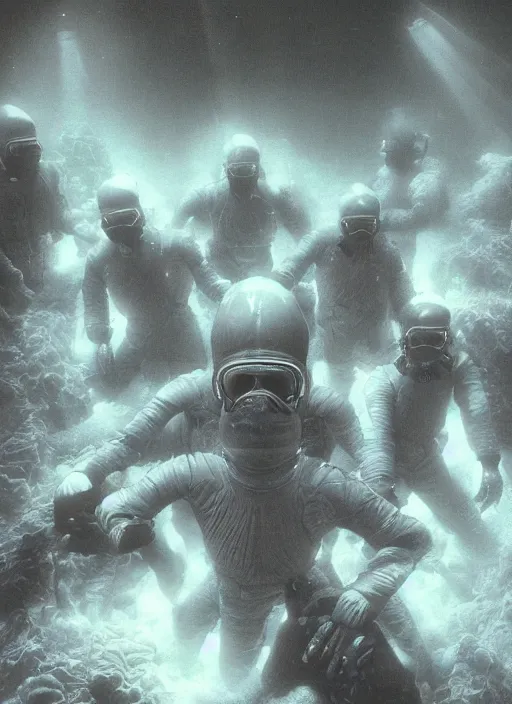 Image similar to astronauts divers in dark void underwater - complex and hyperdetailed technical suit design. reflection and dispersion materials. rays and dispersion of light. volumetric light. f / 3 2. noise film photo. flash photography. ultra realistic, 5 0 mm. poster by wayne barlowe, hajime sorayama aaron horkey, craig mullins